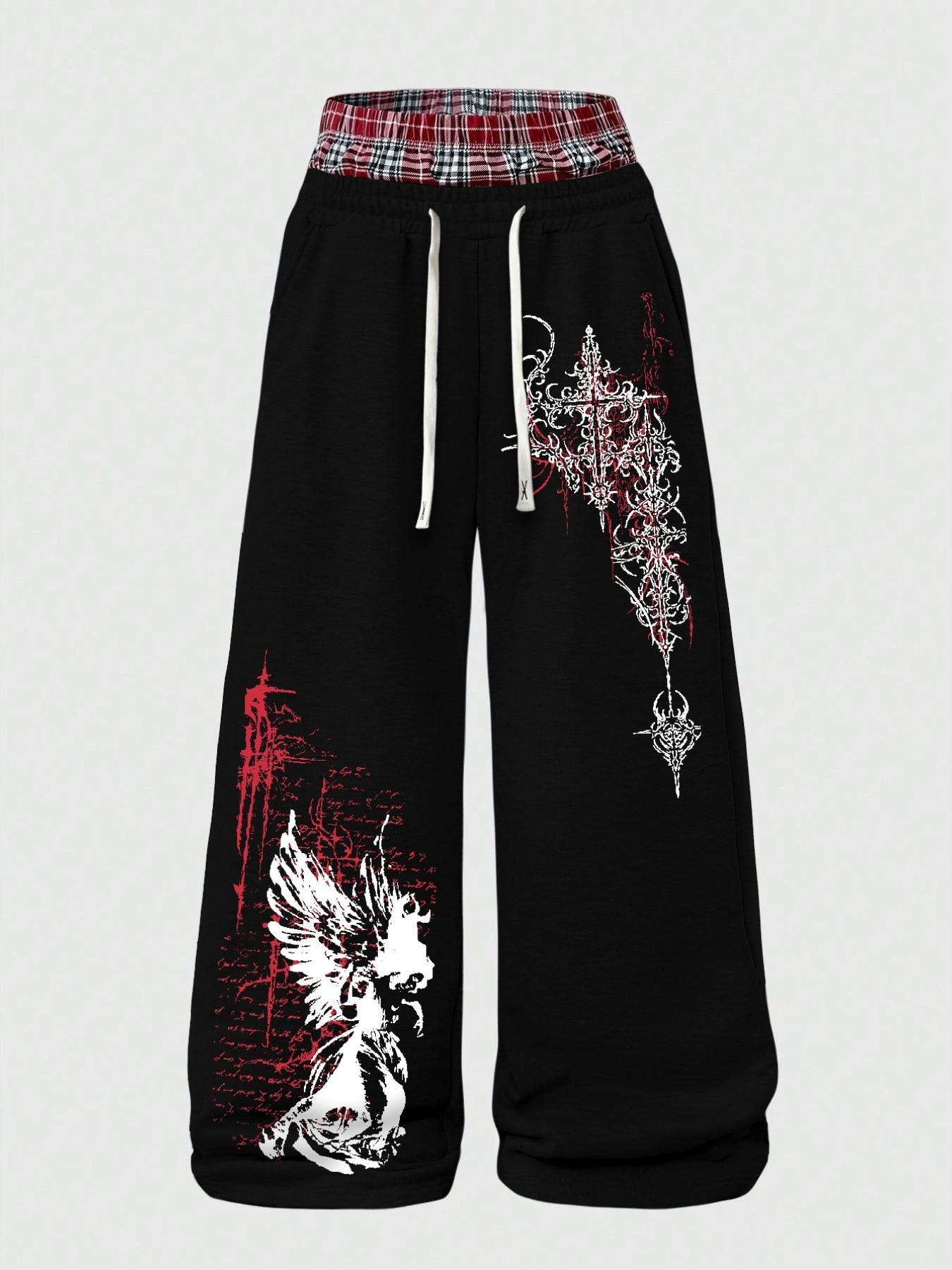 Gothic Angel Cross Print Sweatpants for Men, Double Plaid Waist, Y2K Style Wide Leg Oversized Streetwear Trousers, Trendy Fashion Pants