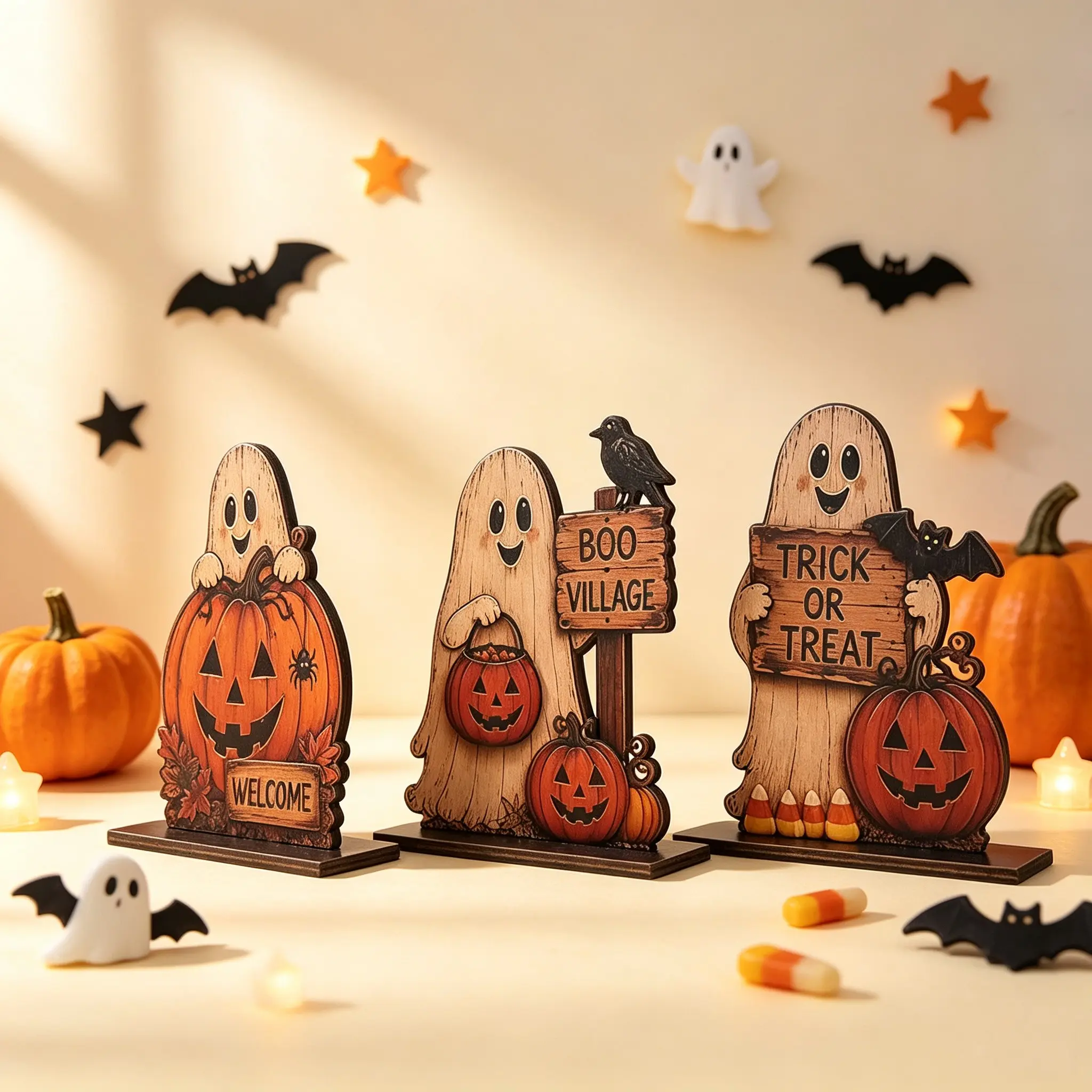3-Piece Vintage Halloween Ghost Wooden Desktop Decor, Rustic Farmhouse Halloween Decoration, Ghost Pumpkin Desk Ornament, Fall Layered Tray Decor, Home Decor Gifts, Gift