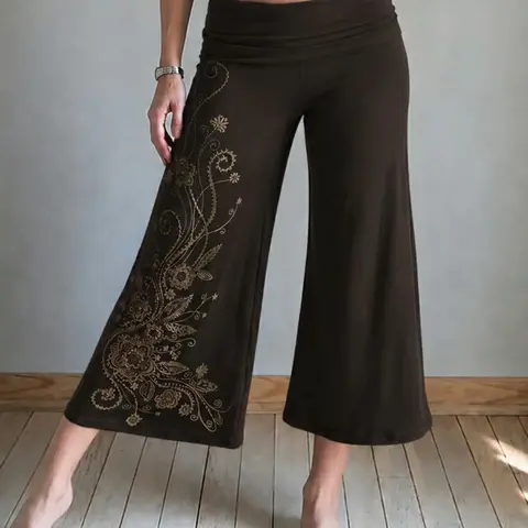 Vintage Floral Print Drawstring Waist Women's Wide Leg Capri Pants, Casual Fashion Loose, Loose-Fitting Casual Street Style, Unlined Woven Fabric