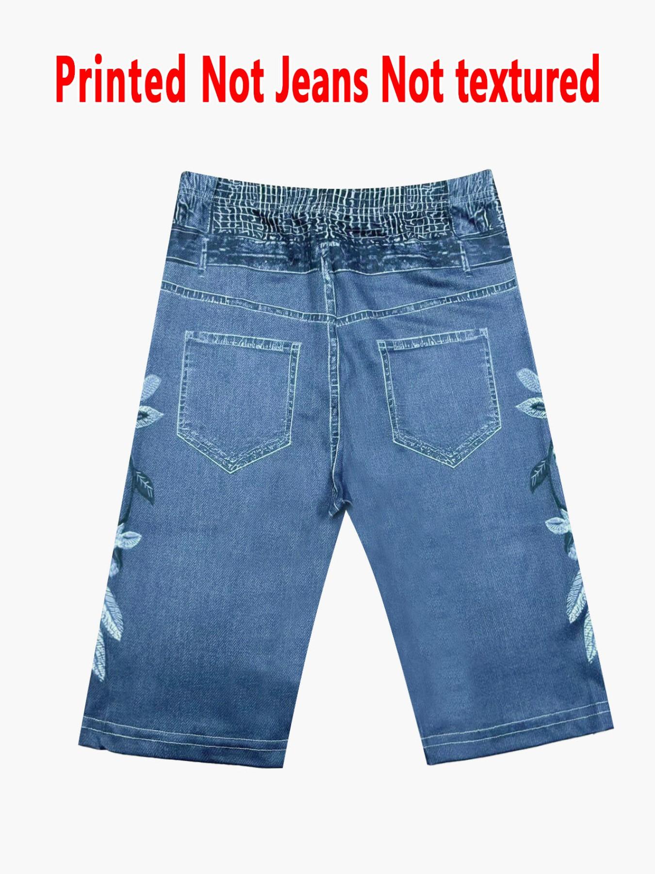 Women's Printed Skinny Pants Non-Denim Fabric, Ladies Short Five-Pocket Bottoms, Faux Denim Print Base Pants for All Seasons