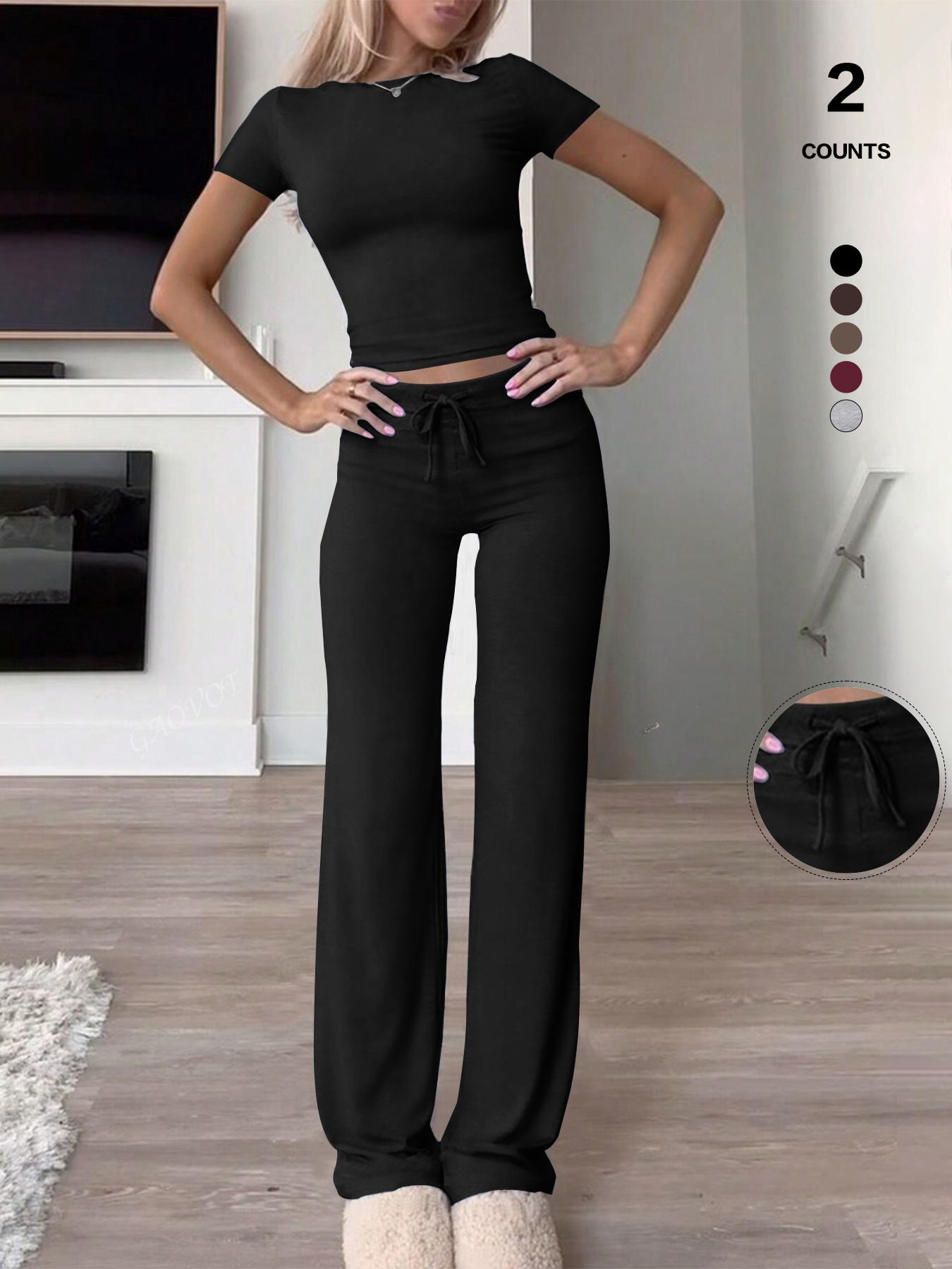 Women's Slim Fit Cropped T-Shirt & High-Waisted Flared Pants Sportswear Set, Casual Style, All Seasons Wear, Perfect for Daily, Athleisure Wear Set