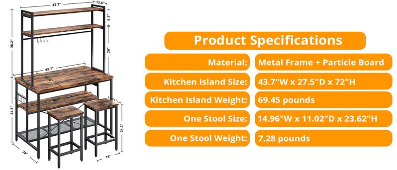 IRONCK Kitchen Island with 2 Stools, Bakers Rack with Power Outlet, Large Kitchen Island Table with Shelves, Coffee Bar Table Set for Kitchen Dining Room, 10 Hooks