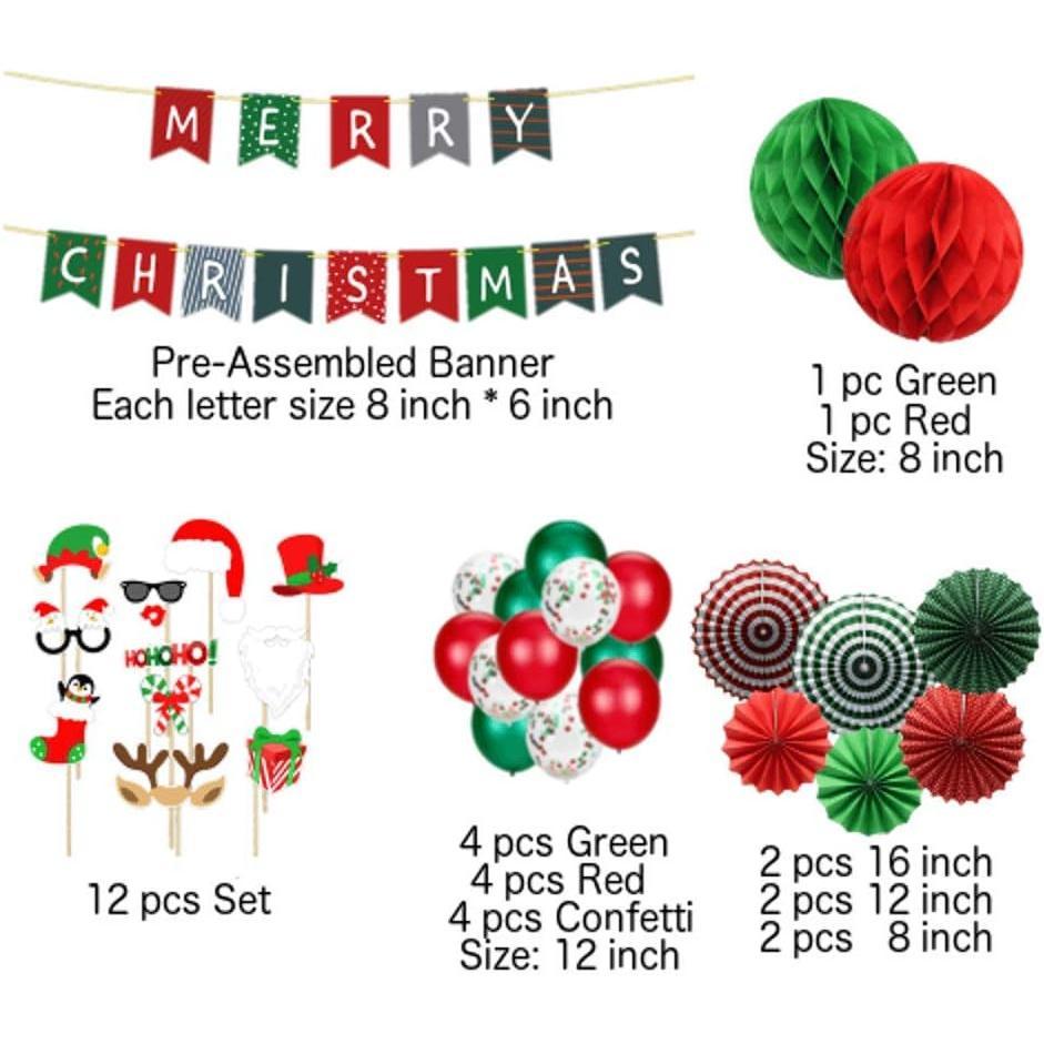 Christmas Party Decorations Kit - Set Includes Merry Christmas Banner Paper Fans  Balls Xmas Photo Booth Props Confetti Balloons Red Green Latex Balloons String for Indoors Office  Decors