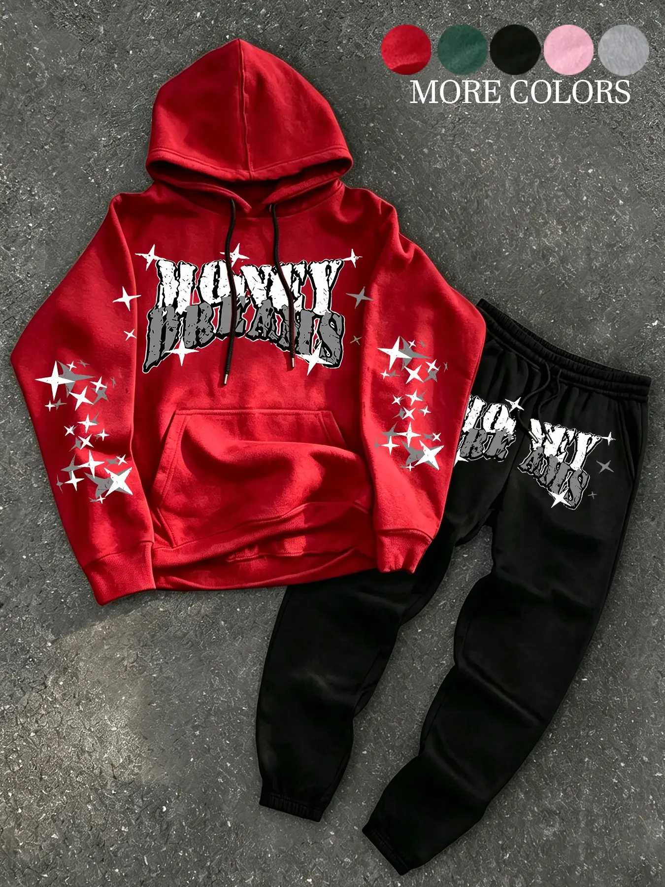 Unisex design, street sport style, spring and autumn fashion, simple and minimalist star and letter print long-sleeve hooded sweatshirt set. High-quality set. Simple, stylish, trendy, energetic, fashionable, versatile, suitable for campus life, unique, co