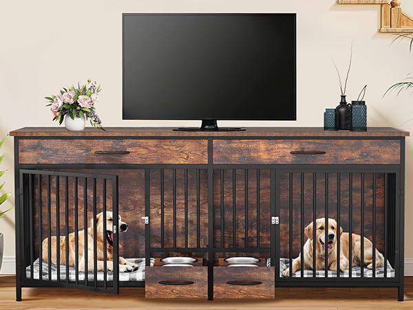 Yitahome 91.3" Double Large Dog Crate Furniture with Dog Feeder, Large Dog Kennel Indoor with Drawers, Heavy Duty Wooden Dog Crate with 2 Room Divider for 2 Medium Large Dogs