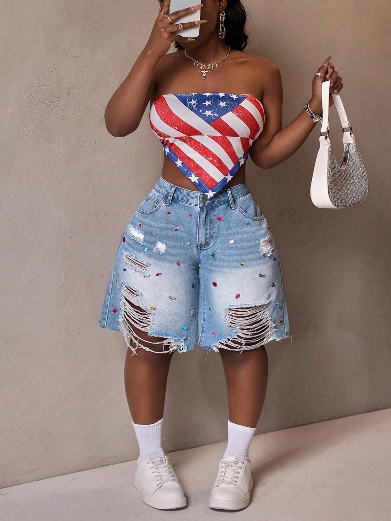 Women's Plus Size Denim Mid-Thigh Pants, Spring Summer Fashion Ripped Design, Loose-Fitting Casual Wear, Trendy New