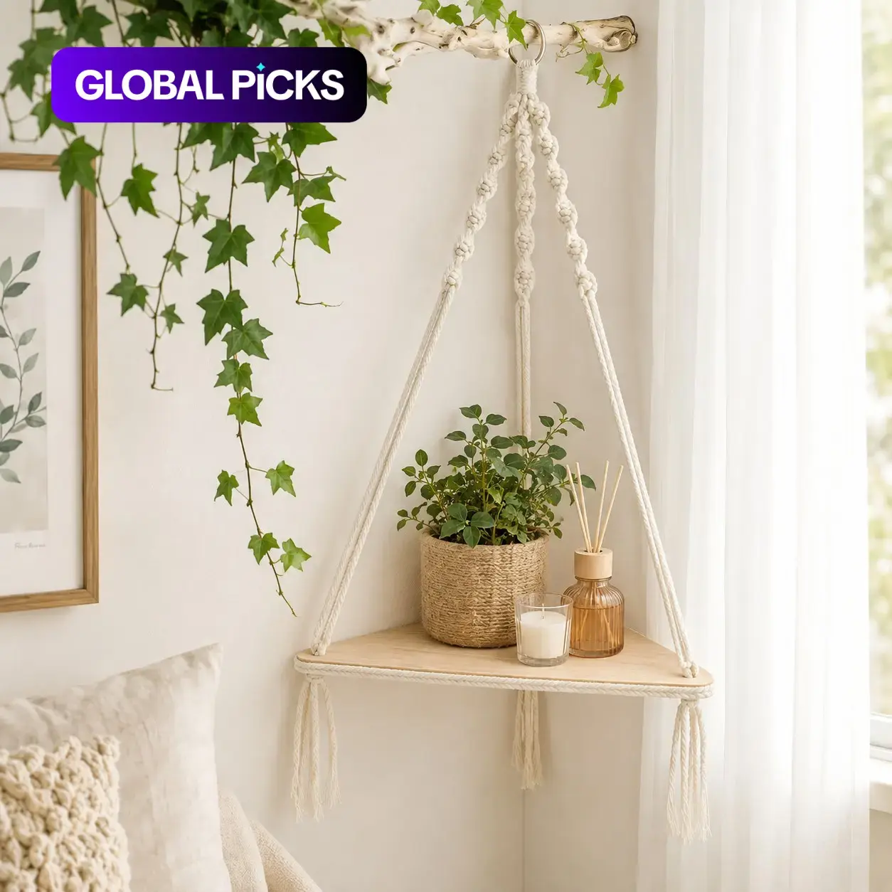 Wooden Wall-Mounted Space Saving Design Hanging Rack, 1 Count Boho Triangle Corner Wall Shelf, Home Decor Room Accessories for Bedroom, Living Room or Study #GLOBAL PICKS