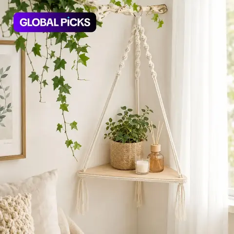 Wooden Wall-Mounted Space Saving Design Hanging Rack, 1 Count Boho Triangle Corner Wall Shelf, Home Decor for Bedroom, Living Room or Study, Shelfs For Wall #GLOBAL PICKS