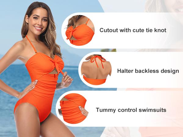 Tempt Me Women Sexy Cutout One Piece Swimsuits Tummy Control High Waisted Halter Front Tie Knot Bathing Suit Plus Size Full Coverage Swimsuit for Women