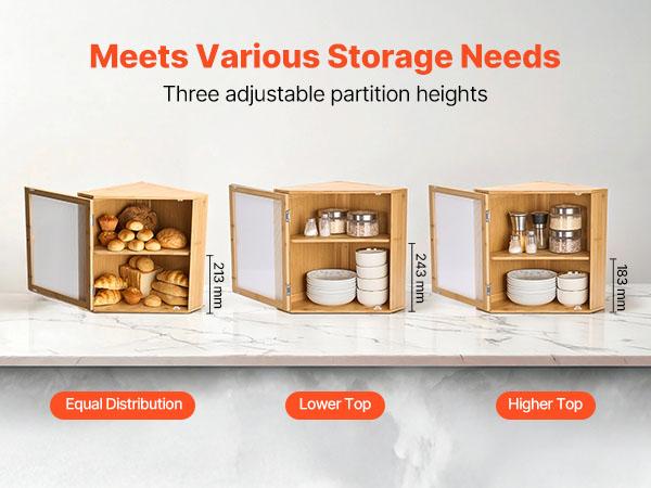 VEVOR Corner Bread Box for Kitchen Counter, Double Layer Large Capacity Bamboo Bread Storage Container, Farmhouse Wooden Breadbox for Homemade Bread, Storage Holder Bin with Acrylic Wavy Door, Natural