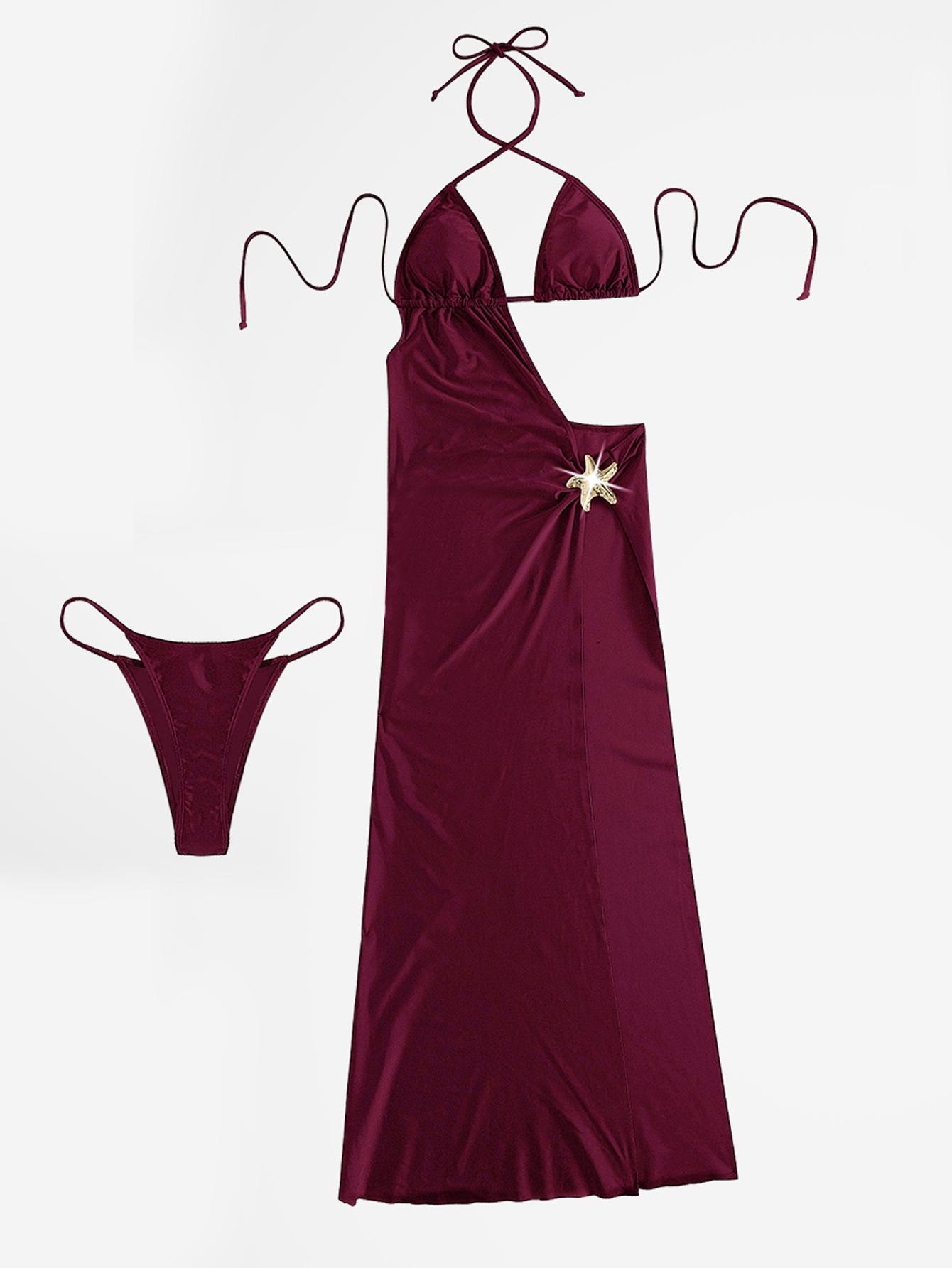 Women's Black One-Shoulder Sleeveless High Slit Maxi Dress with Gold Starfish Metal Accent - Side Cutout Sexy Party Dress for Nightclub, Beach Vacation, Festival Rave