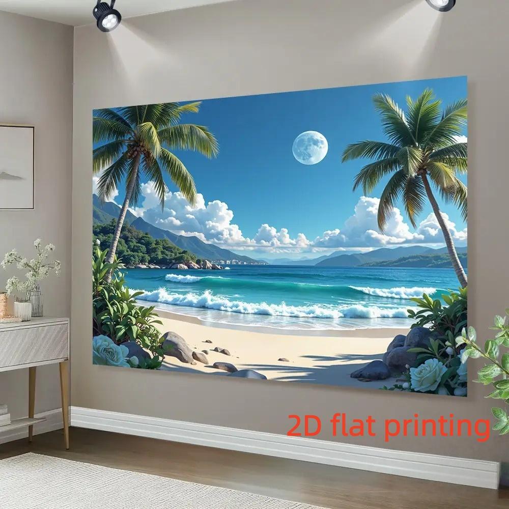 2D Flat Seaside Background Decoration Supplies, 1 PC Hawaiian Beach Scene Hanging Cloth - Tropical Party Banner with Palm Trees, Waves and Full Moon, Perfect Gift for Weddings, Birthdays, Anniversaries and All Seasons Home and Event Decoration, Hawaiian P