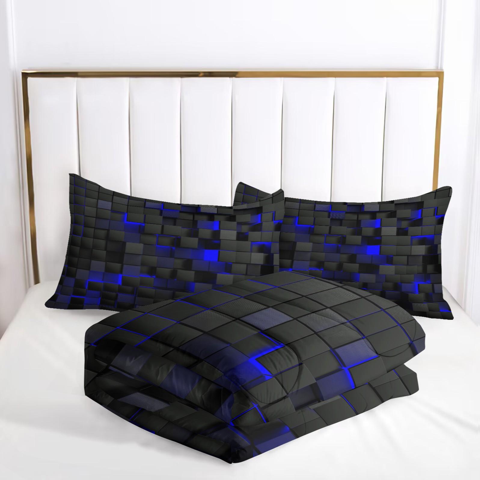 3D Blue & Black Cube Comforter Set - Durable Material Comfy Bed Sets, 1 Quilt + 1/2 Pillowcases, Modern Geometric Gaming Bedding for Teens & Gamers, Ideal for Bedrooms, Dorms & Guest Rooms