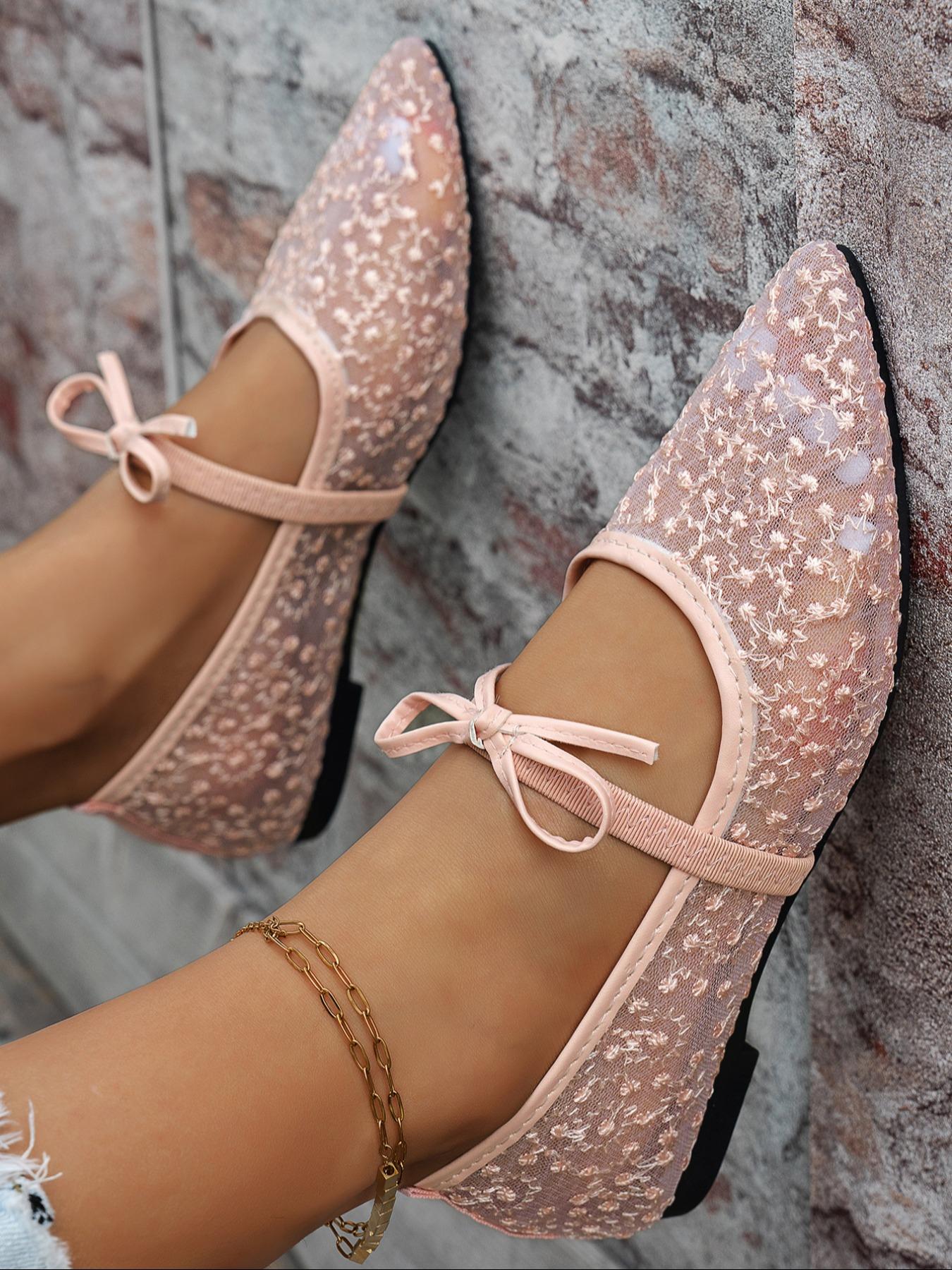 Women's Elegant Lace Pointed Mary Jane Sandals, Delicate Mesh Embroidery, Bow, Comfortable Flat Sole, Spring Summer Casual Shoes, Pointed Toe Flats, Mary Jane Flats