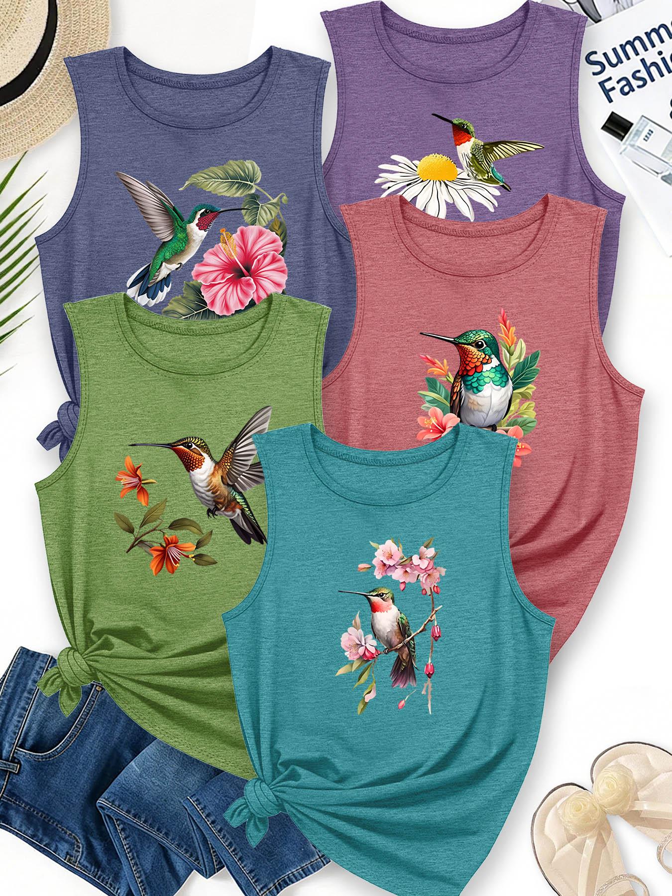 5PCS Women's Crew Neck Sleeveless Tank, Hummingbird & Floral Watercolor Print, Aesthetic, multi-color, washable, soft summer top
