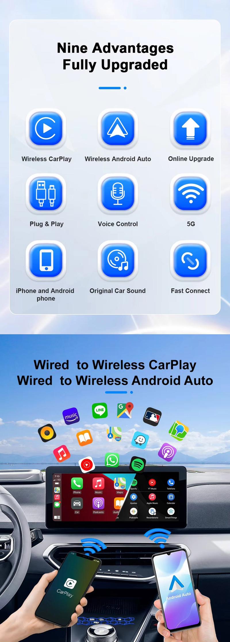 Wired to Wireless Carplay Adapter for Android Auto USB Connection, Seamless Car Integration for Modern Vehicles