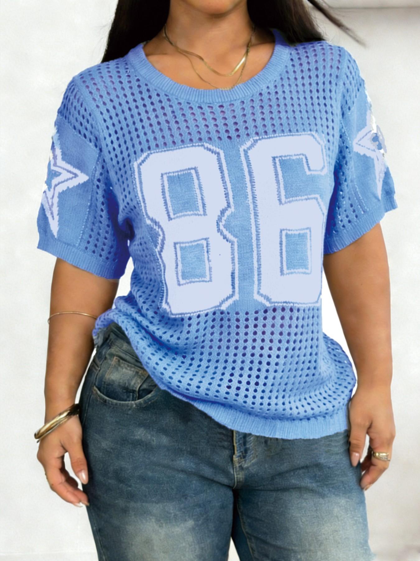 Plus Size Women's Digital Print Hollow Out Sweater, Casual Fashion Sporty Round Neck Knit Top, Summer Wear, Daily Clothing