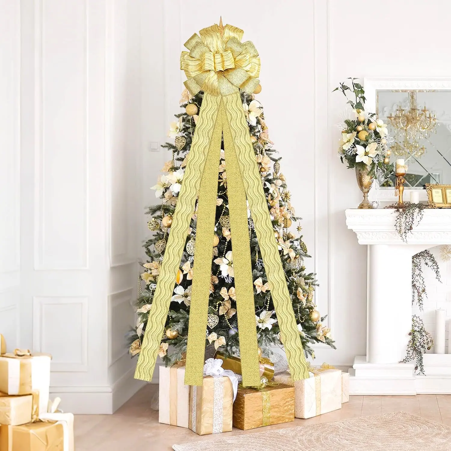 Christmas Tree Topper Bow, 51x13 Inches   Wreath Bows | Large Ribbon Ornaments with Wired , Xmas Long Streamers Bowknot, for Birthday Wedding Party  Door Porch Decor