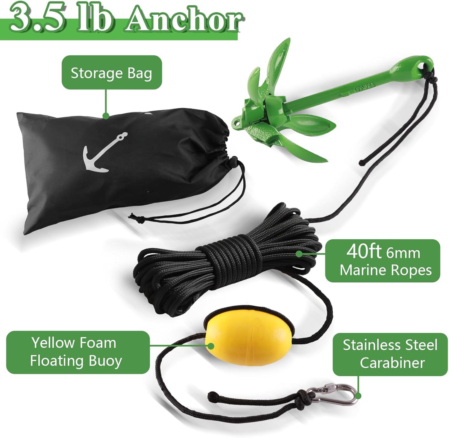 Kayak Anchor, 3.5 Lb Folding Marine Grapnel Anchor Kit with 40ft Rope and Buoy for Kayaks Jet Ski SUP Paddle Boards PWC Inflatable Small Boat Canoes Fishing, Kayaking & Boating Accessories