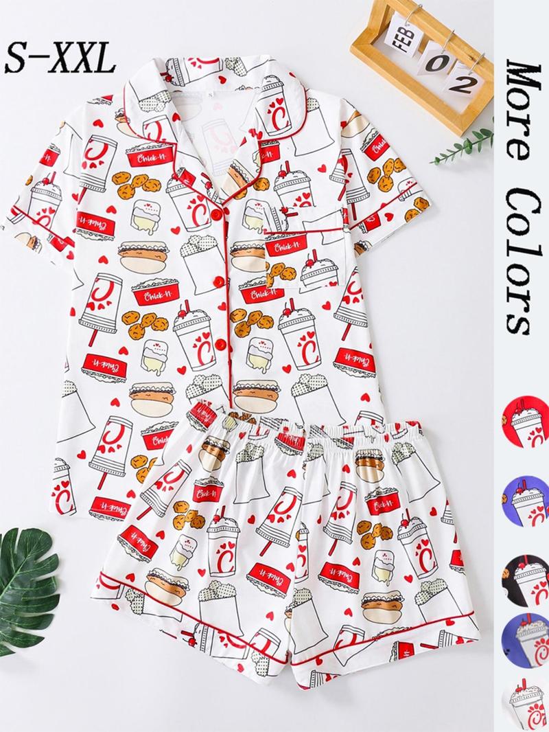 Women's All Over Print Button Front Shirt & Shorts Pyjama Set, Comfort Two-piece Pj Set for Homewear, Women's Sleepwear for All Seasons, Pajama Set