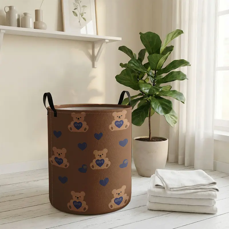 Valentine's Day Toy Bear Print with Handle, Durable Halloween Foldable Dirty Clothes Storage Bin, Large Capacity, Collapsible Laundry Hamper