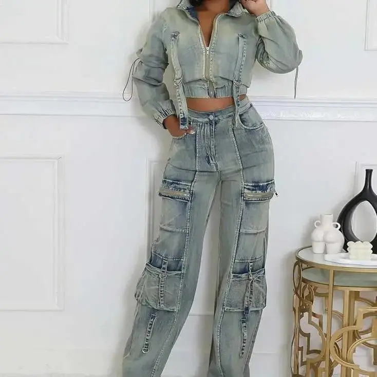 2-piece Set Women Winter Long Sleeve Denim Jacket and Jeans Streetwear Sexy Stretch Jeans Set Wholesale Dropshipping Women's Clothing Can be used with a raincoat