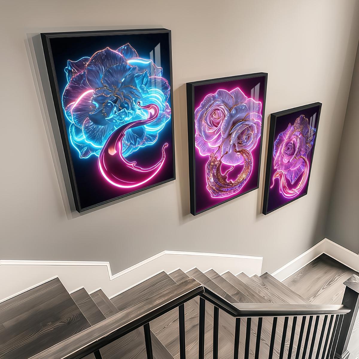 3 Counts Aluminum Alloy Framed Painting, Neon Glowing Roses And Petals Pictures, Home Decoration For Living Room, Bedroom, Office, Restaurant, Hallway Wall Decor, Odorless Print Artwork, Luxury Perfect Gift For Friends And Family