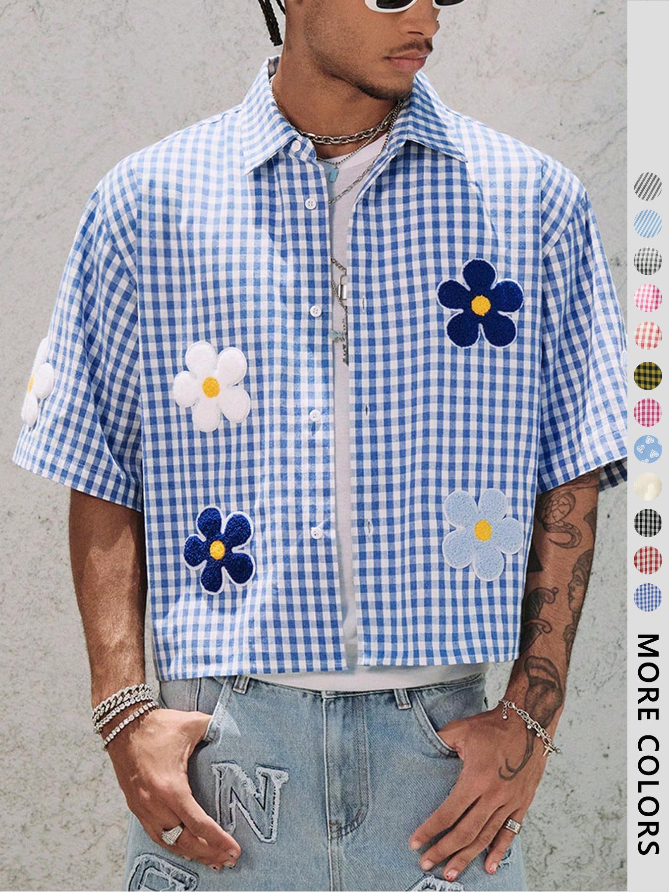 Men's Floral Embroidery Embroidered Short Sleeve Shirt, Regular Fit Casual Street Retro Gingham Plaid Graphic Button Front Top for Summer, Men's Clothes for Daily Wear, Menswear