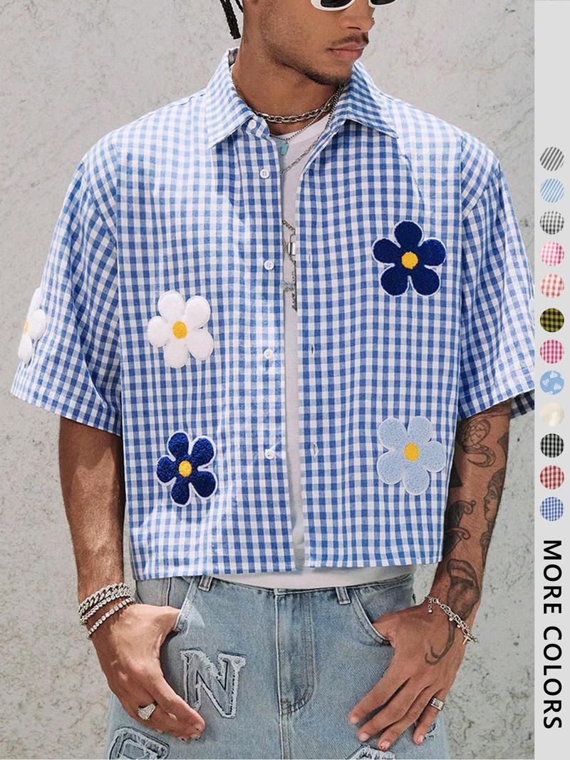 Men's Floral Embroidery Short Sleeve Shirt, Regular Fit Casual Street Retro Gingham Graphic Button Front Top for Summer, Men's Clothes for Daily Wear
