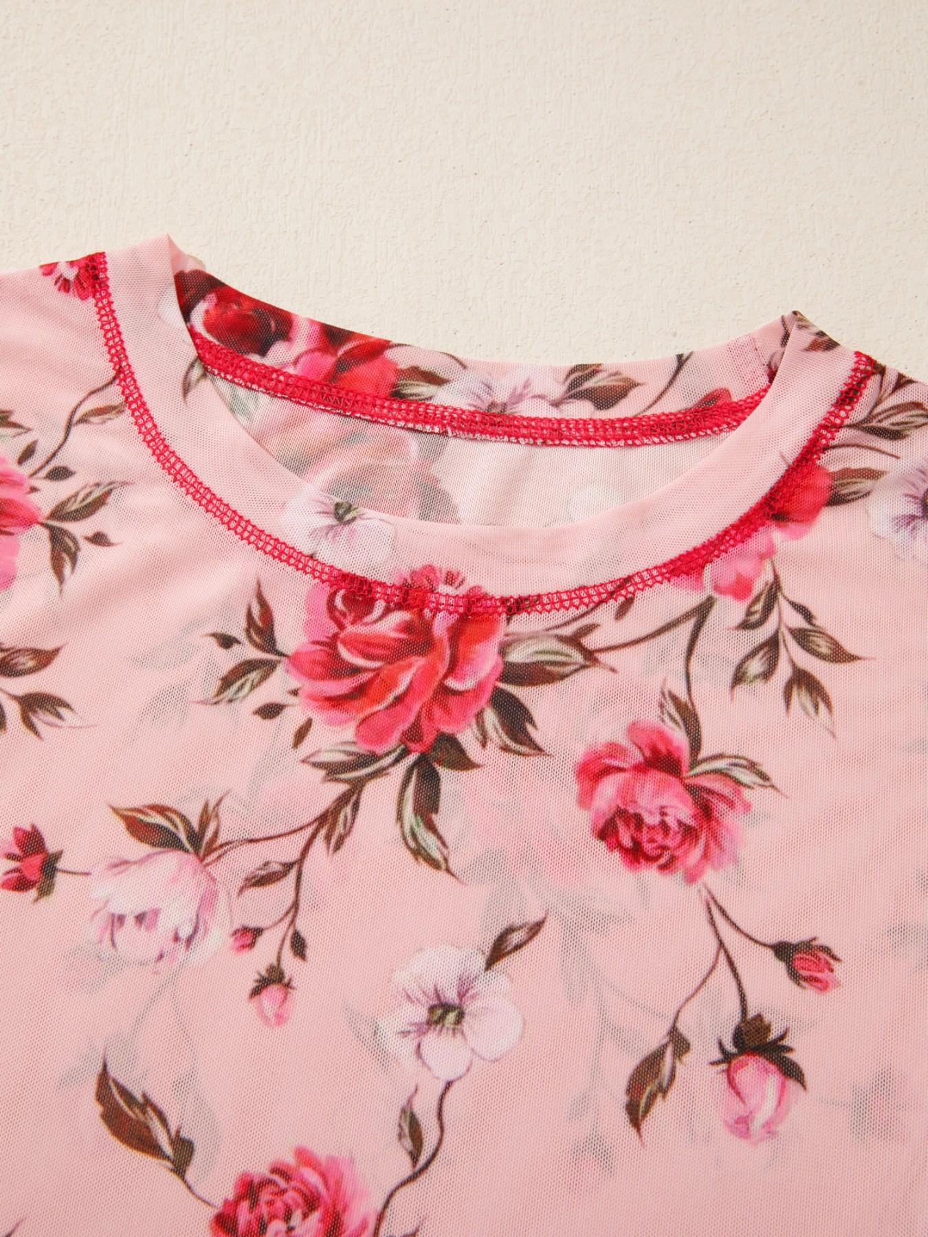 Elegant Floral Print Mesh Round Neck Slim Fit Long Sleeve Top, Hotapei Women's Fashion Blouse Shirts, Casual Wear for Spring and Fall