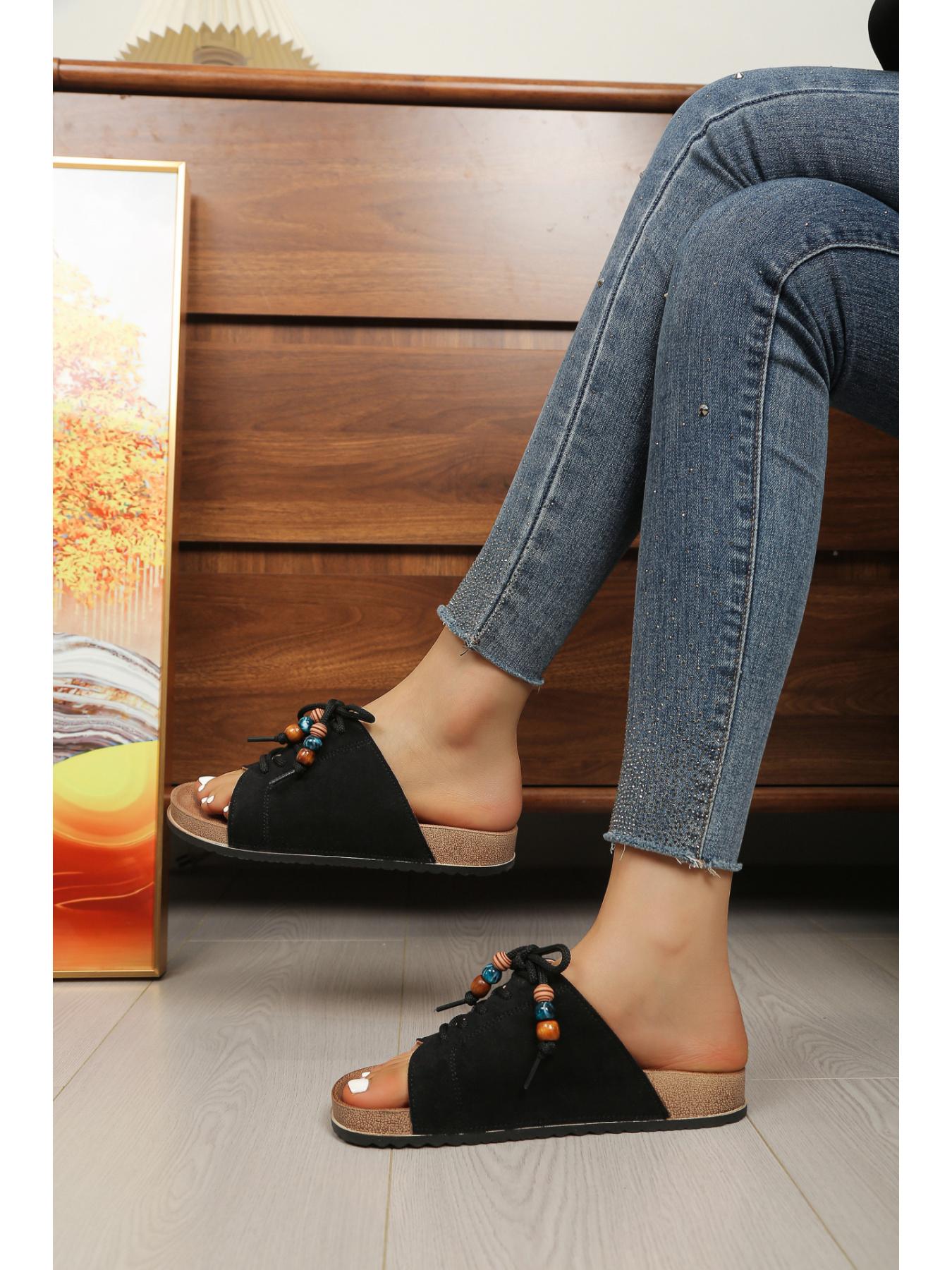 Women's Multi-Color Suede Cork Footbed Slides, Beaded Lace-Up Open Toe Mule Sandals, 2 Colors Available