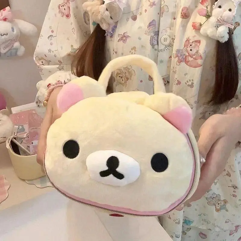 New Kawaii Cute Rilakkuma Wash Bag Plush Oval Three-Dimensional Makeup Bag Portable Storage Bag Cartoon Girls Birthday Gift