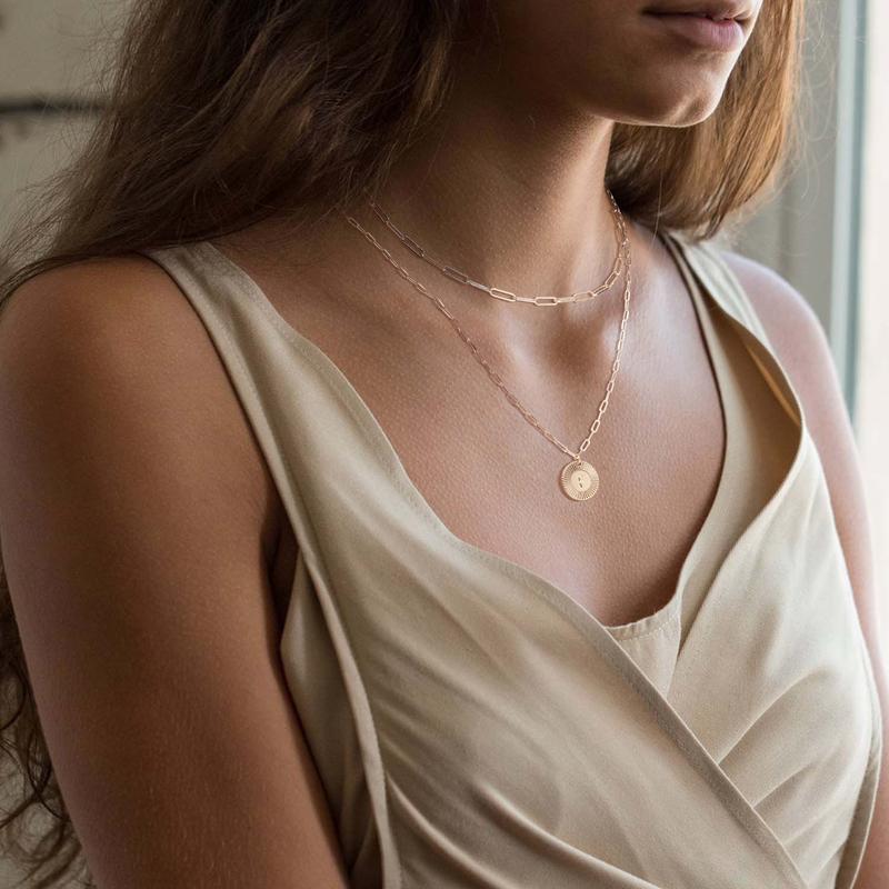 Fettero Layered Choker Necklace Gold Flower Initial Coin Pendant 2 Layer Dainty Paperclip Chain Personalized Jewelry Gift for Women Letter T