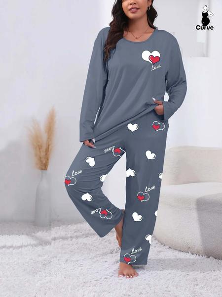 Plus Size Heart Letter Print Comfortable 2-Piece Set, Casual Long Sleeve Pajama Pants Suit, All Seasons Fitted Knit Fabric Loungewear