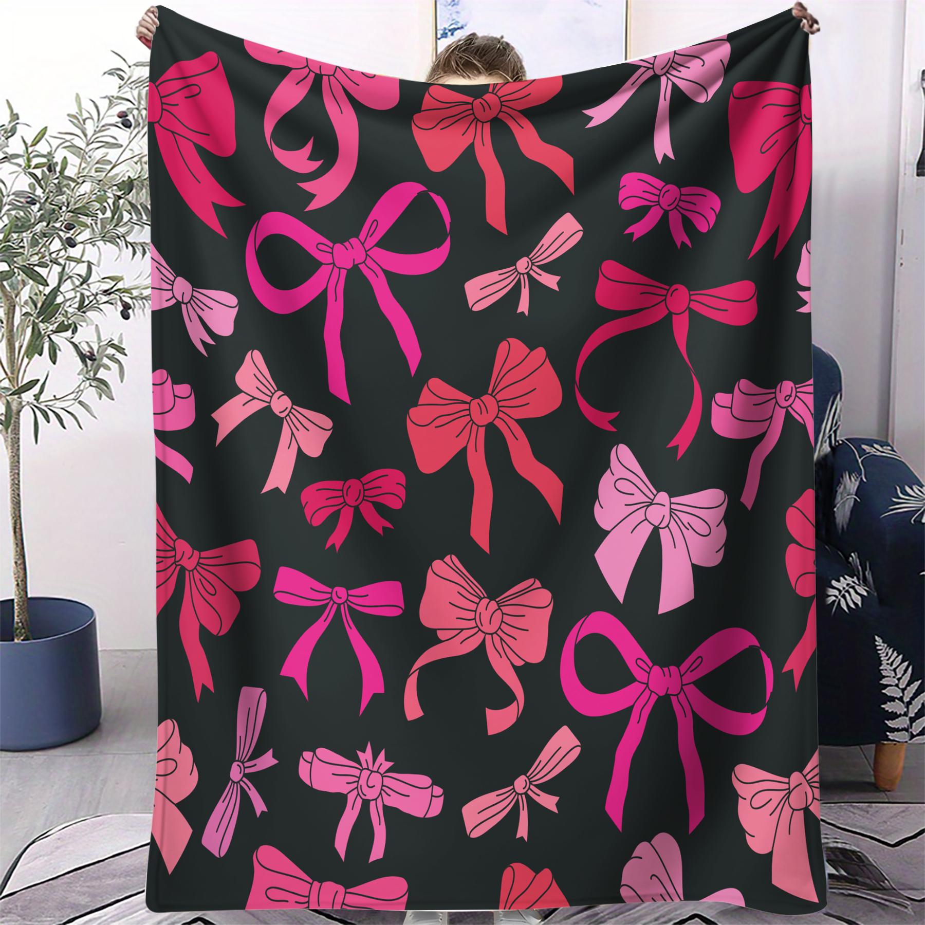 1Pcs Coquette Pink Bow Digital Print Flannel Blanket, Sweet Y2K Aesthetic Throw Blanket, Soft Fluffy Lightweight Warm Blanket, Cozy All-Season Gift Blanket, Perfect for Bedroom, Sofa, Dorm, Living Room & Travel Use