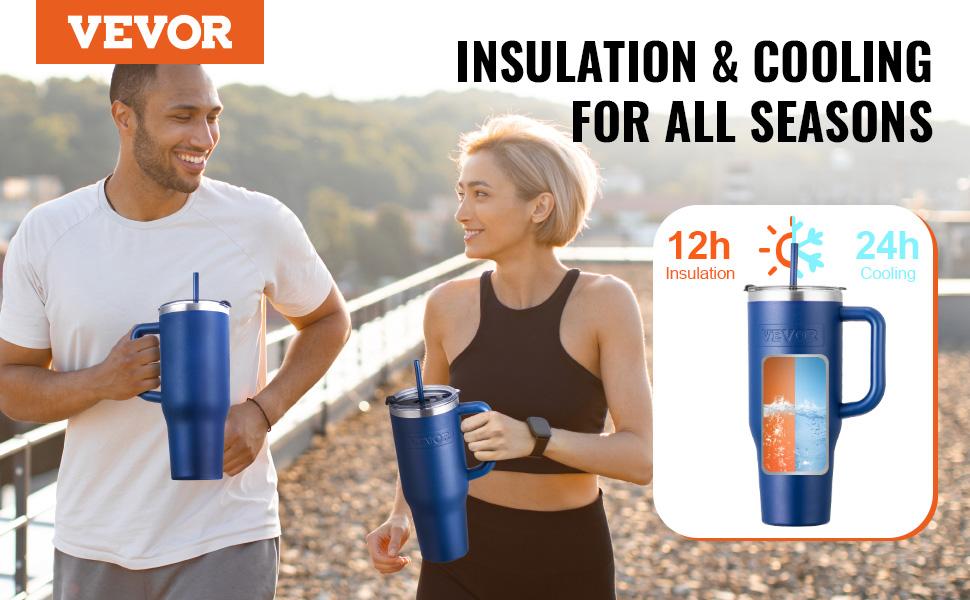 VEVOR 40 oz Insulated Water Bottle, Stainless Steel Sports Coffee Cup with Lid, Handheld Travel Coffee Mug Double Walled, Camping Hydration Flask Leakproof, for Indoor/Outdoor School, Work, Blue