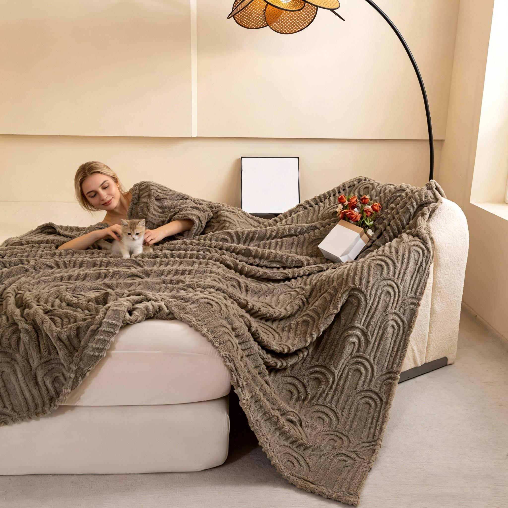 Ruffled Edge Plush Blanket with Embossed Design, King/queen Size, Available in Multiple Colors for Bedroom, Living Room, Office or Camping