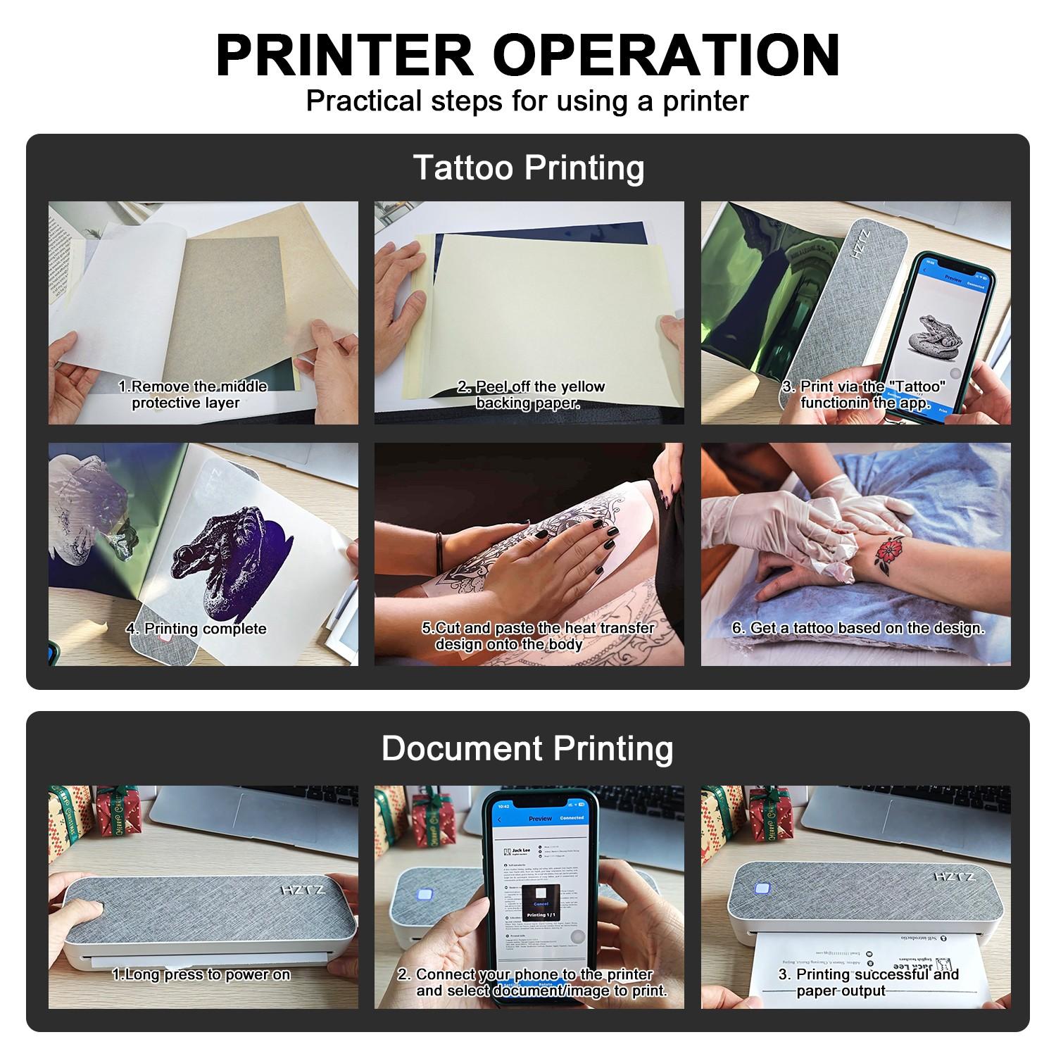 HZTZ Portable Bluetooth-compatible Tattoo Template Printer D80, Includes 10 A4 Transfer Papers, Supports Thermal Paper, Compatible with iOS, Android, PC