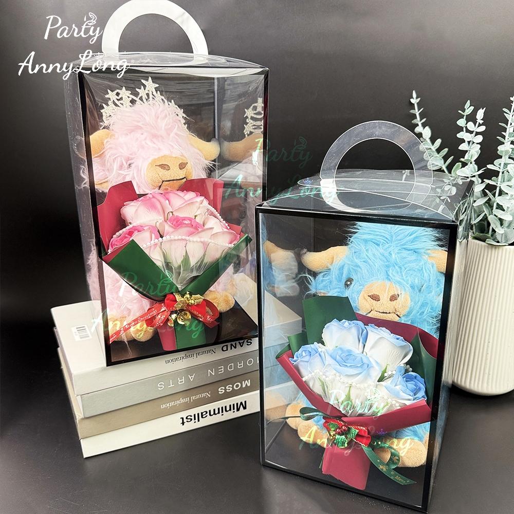 Christmas Highland Cow Plush Toy with Artificial Rose Bouquet, 1-Set Cute Cow Design Plush Home Decoration, Holiday Gift for Loved Ones