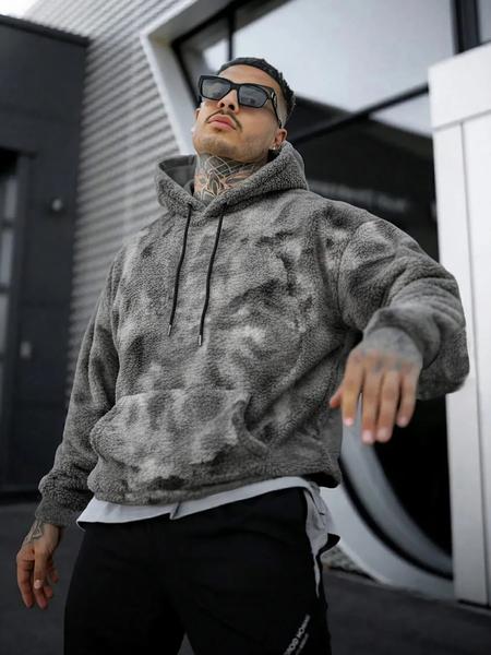 Men's Tie-Dye Hooded Sweatshirt, Soft Plush Drop Shoulder Pullover, Casual Loose Fit for Fall & Winter Layering