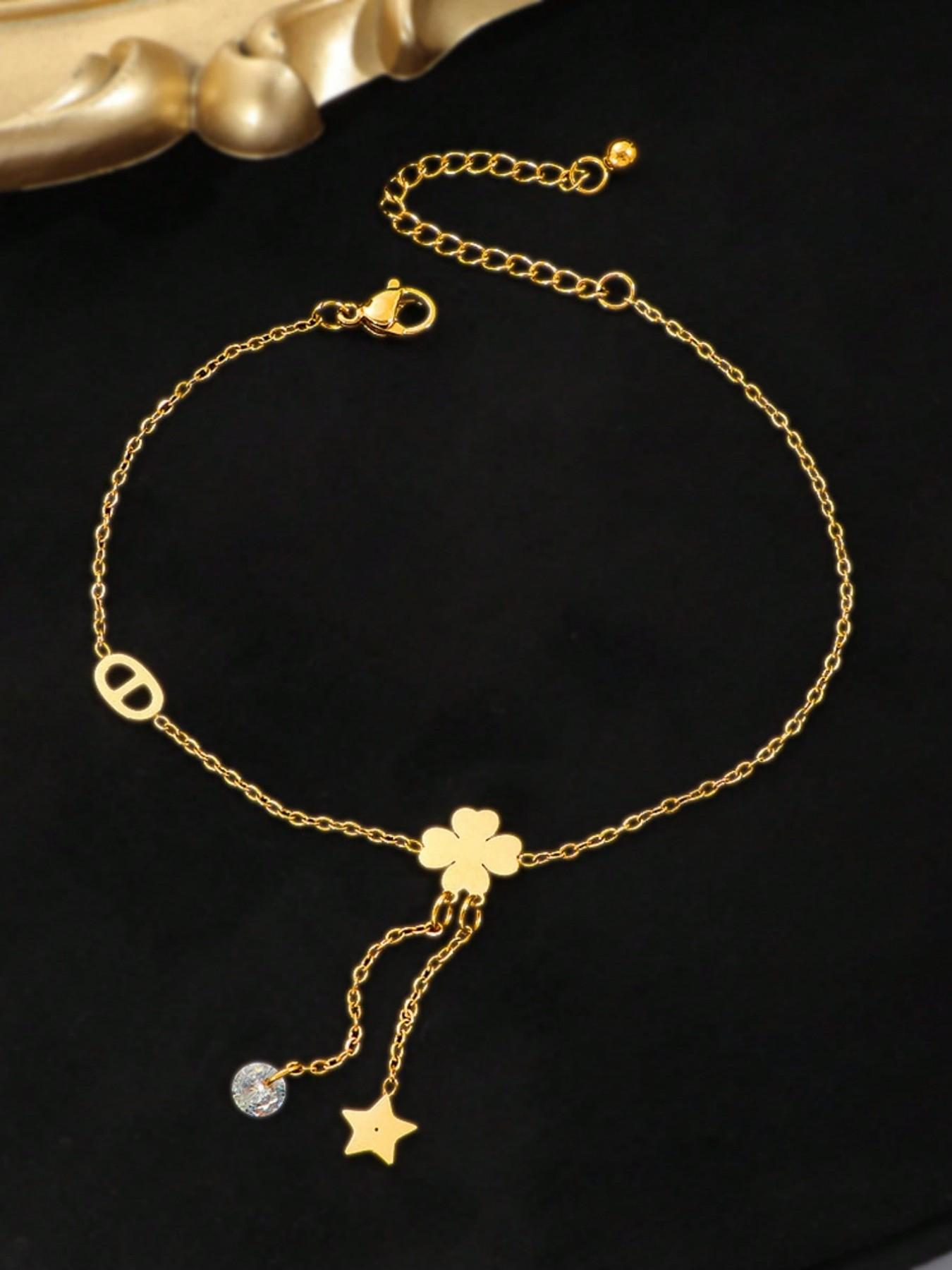 Fashionable Delicate Tassel Four-Leaf Clover Anklet, Unique Five-Pointed Star Pendant, Everyday & Party Jewelry, 1pc