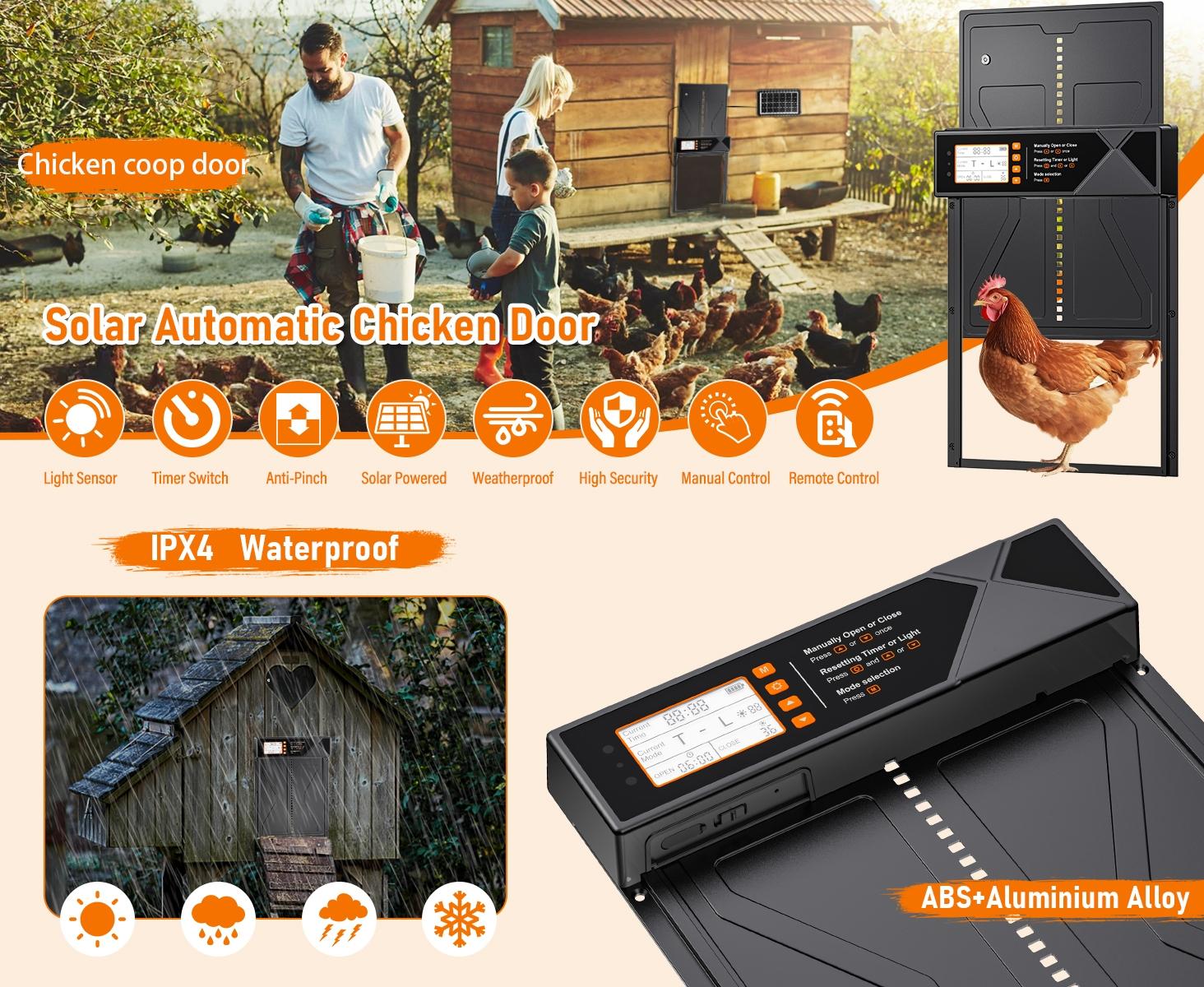 Solar Automatic Chicken Coop Door, 4 Modes, Timer & Light Sensor, 7w Solar Panel, Waterproof Aluminum Alloy, LED Display ()