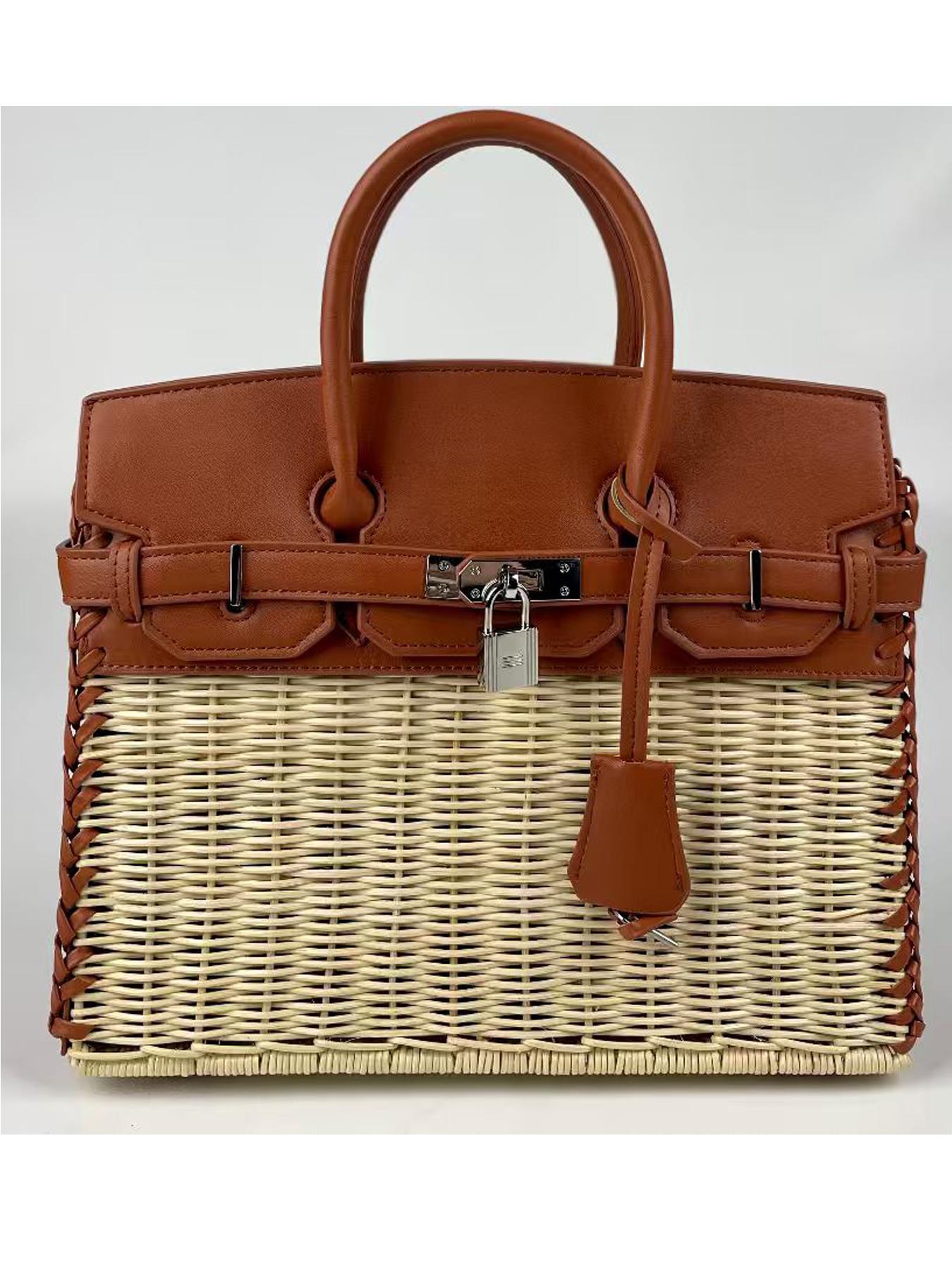 2026 Fashion Handbag, High-Quality Handmade Basket Bag, Picnic Lunch Bag, Platinum Color Bag for Girlfriend, Mother's Gift, Natural Rattan Crossbody Bag