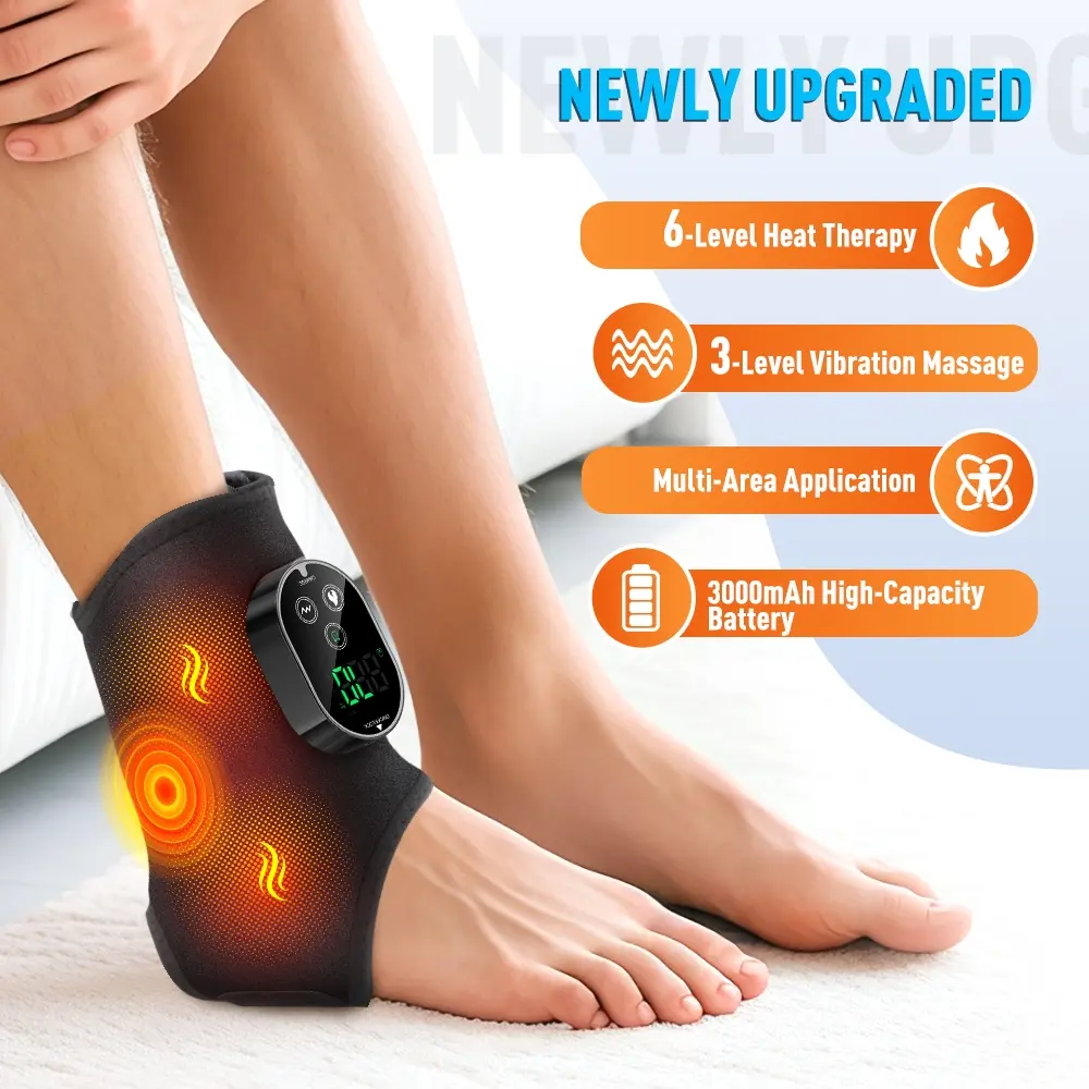 Wireless Ankle Foot Massager, 6 Temperature Settings, 3 Vibration Modes, Adjustable Timer, 3000mah Battery, 3-IN-1 Used for Foot, Ankle, Elbow, Fits Left/Right Feet