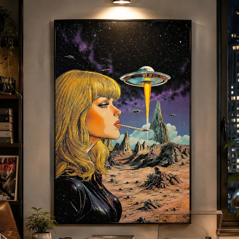 Sci-Fi Fantasy Poster, Women & UFO Wall Art, Starry Sky Landscape Print, Space Theme Artwork, Modern Home Decor, Living Room Bedroom Office Wall Decor, Surreal Cosmic Art, Galaxy Aesthetic Print, Sci-Fi Decor