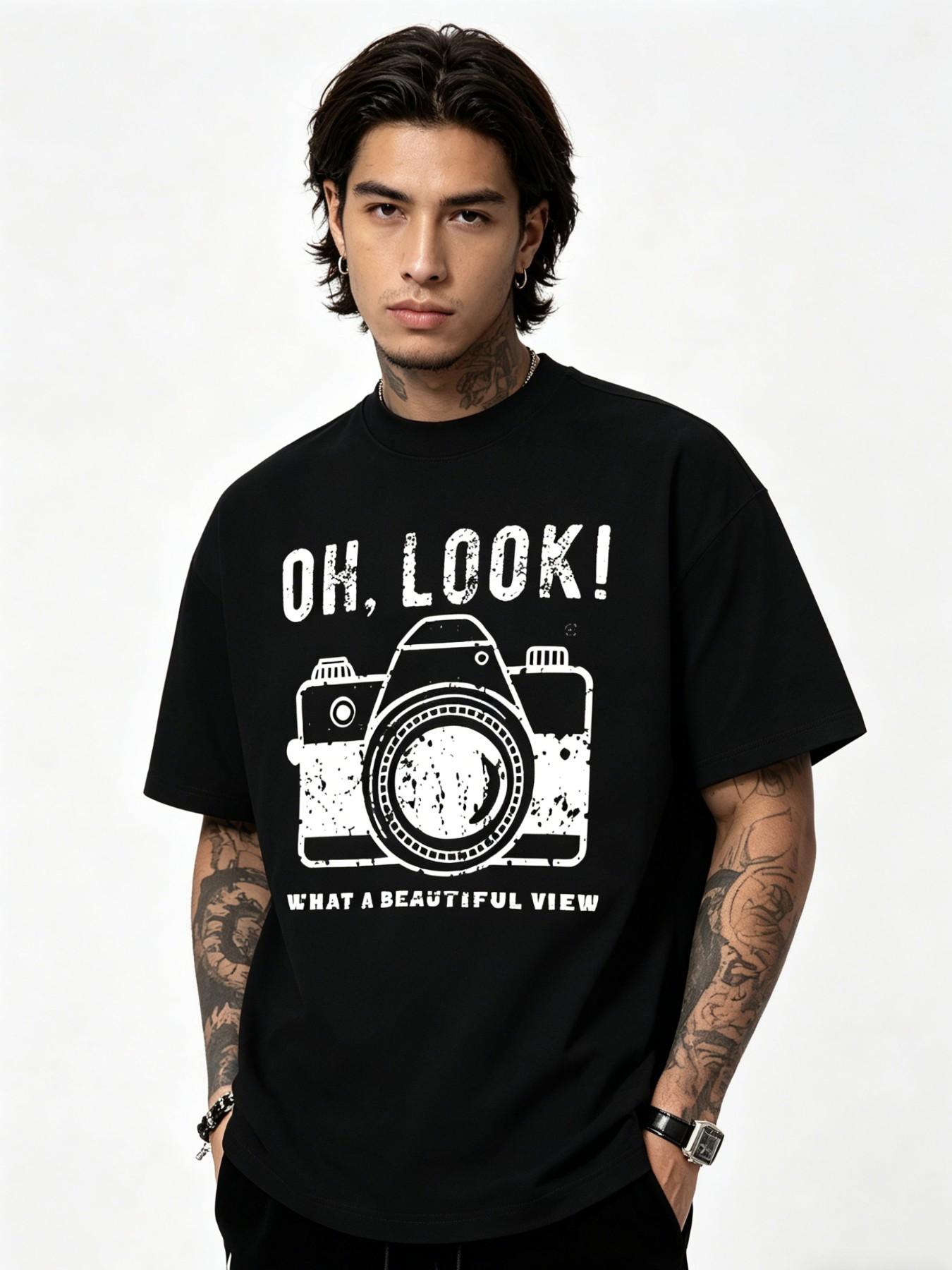 Men's Vintage Camera Pattern Cotton T-Shirt, American Retro Street Style, Casual Loose-Fitting Short Sleeve Top, Long Length
