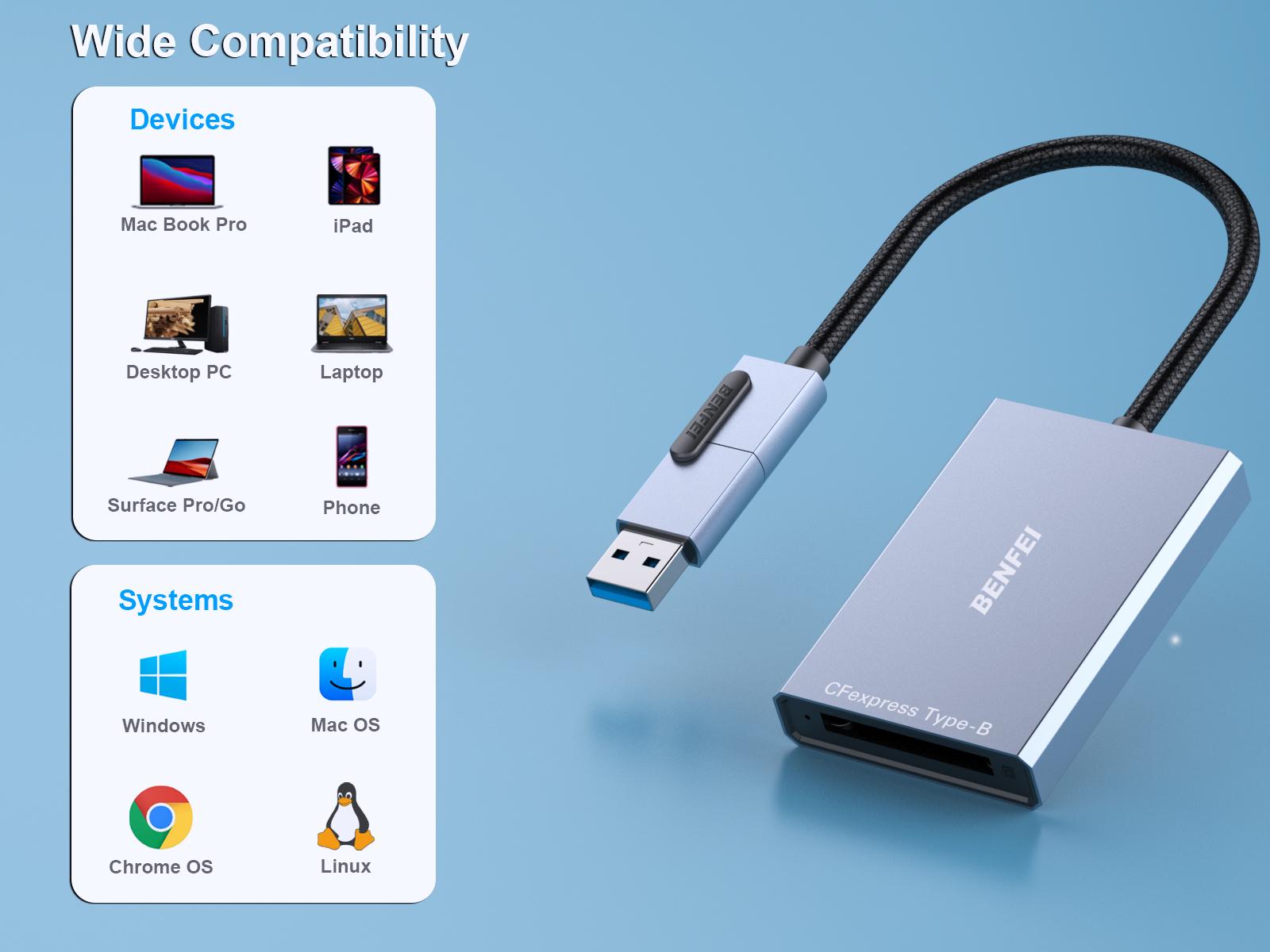 BENFEI CFexpress Type B Card Reader with USB 3.2 (Gen 2) 10Gbps, USB-C&USB-A 2-in-1 Plug Camera BENFEI CFexpress Type B Card Reader with USB 3.2 (Gen 2) 10Gbps, USB-C&USB-A 2-in-1 Plug Camera