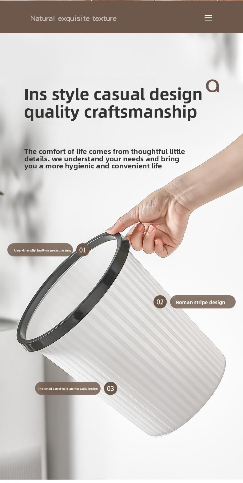 Large household open-top paper basket with press ring, suitable for kitchen, bathroom, and living room, striped, creative, minimalist style trash can