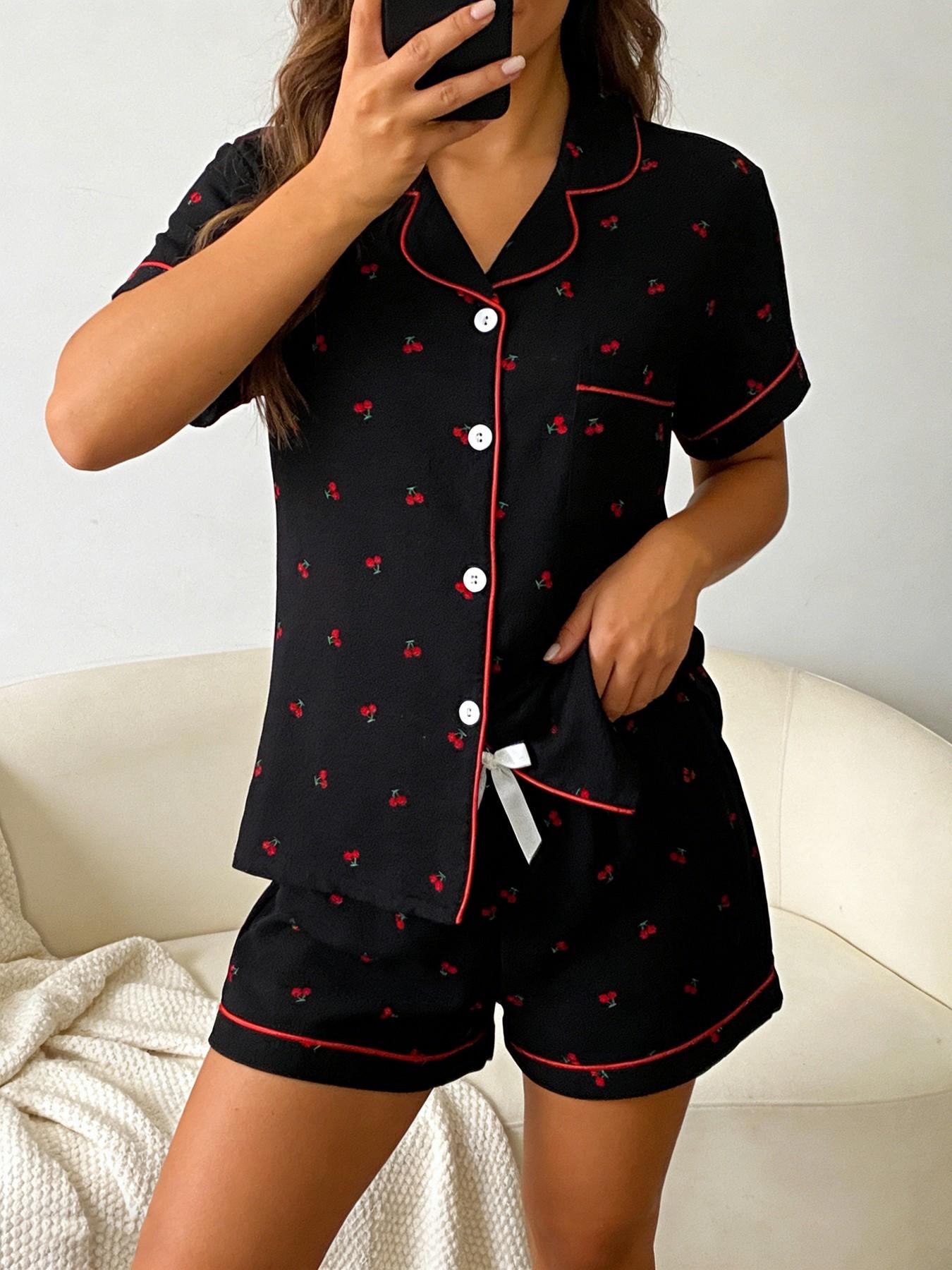 Women's Short Sleeve Button Down Top and Shorts Pajama Set, Spring Summer Wear, For French Lazy Style Girls, Black Base Red Cherry Print, Classic Lapel Collar, Loose Fit, Comfortable For Home & Short Trips