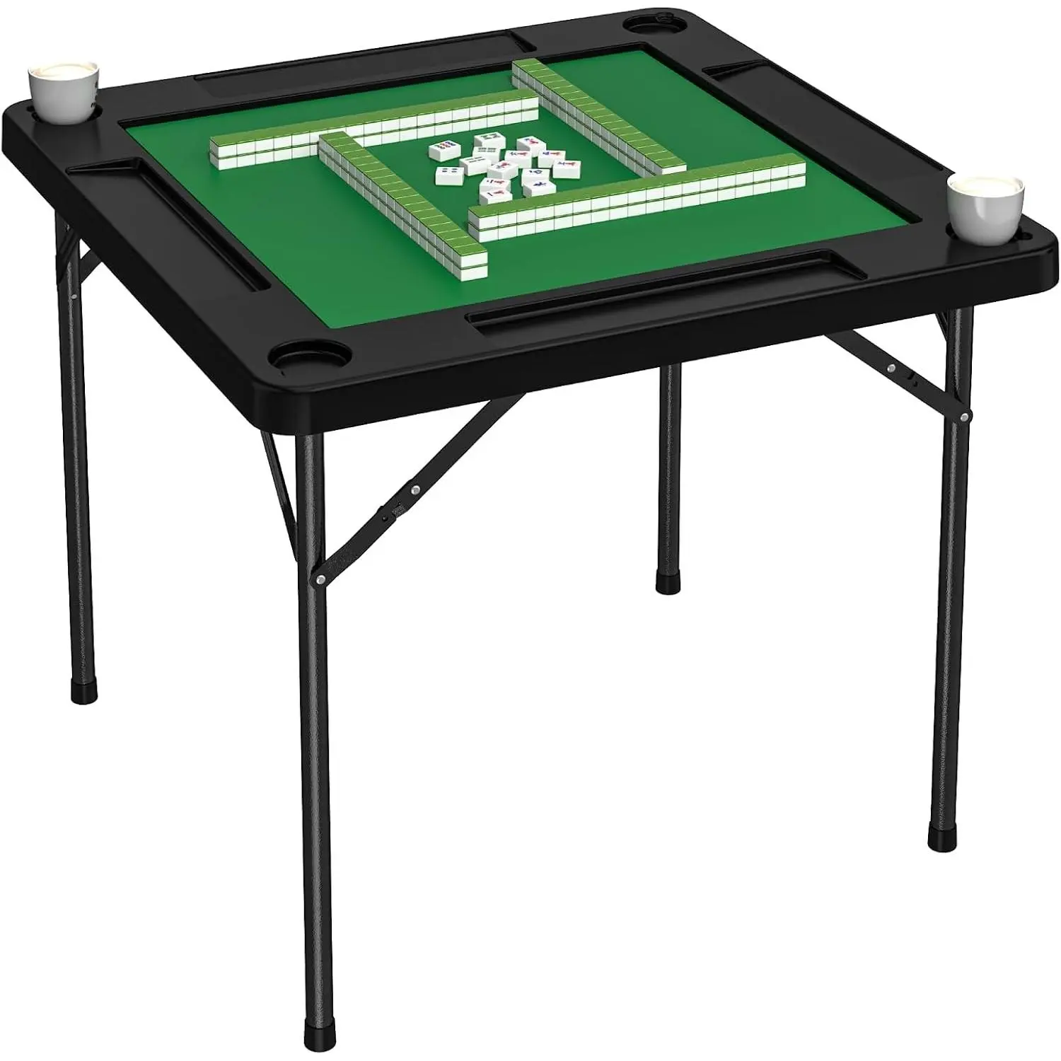 Mahjong Table, 35.4" Square Folding Card Table with Green Felt, Chip Trays, 4 Cup Holders, Multi-Game, Domino and Poker Tables for 4 Players, Foldable Tables for Jigsaw Puzzles, Black